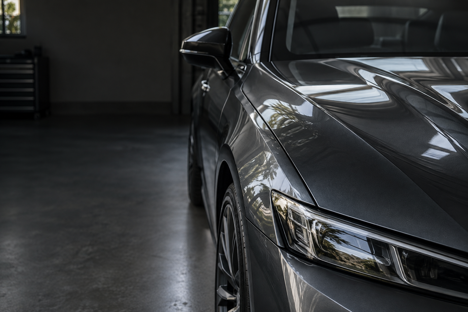 A clean graphite car in a garage — illustrative concept image